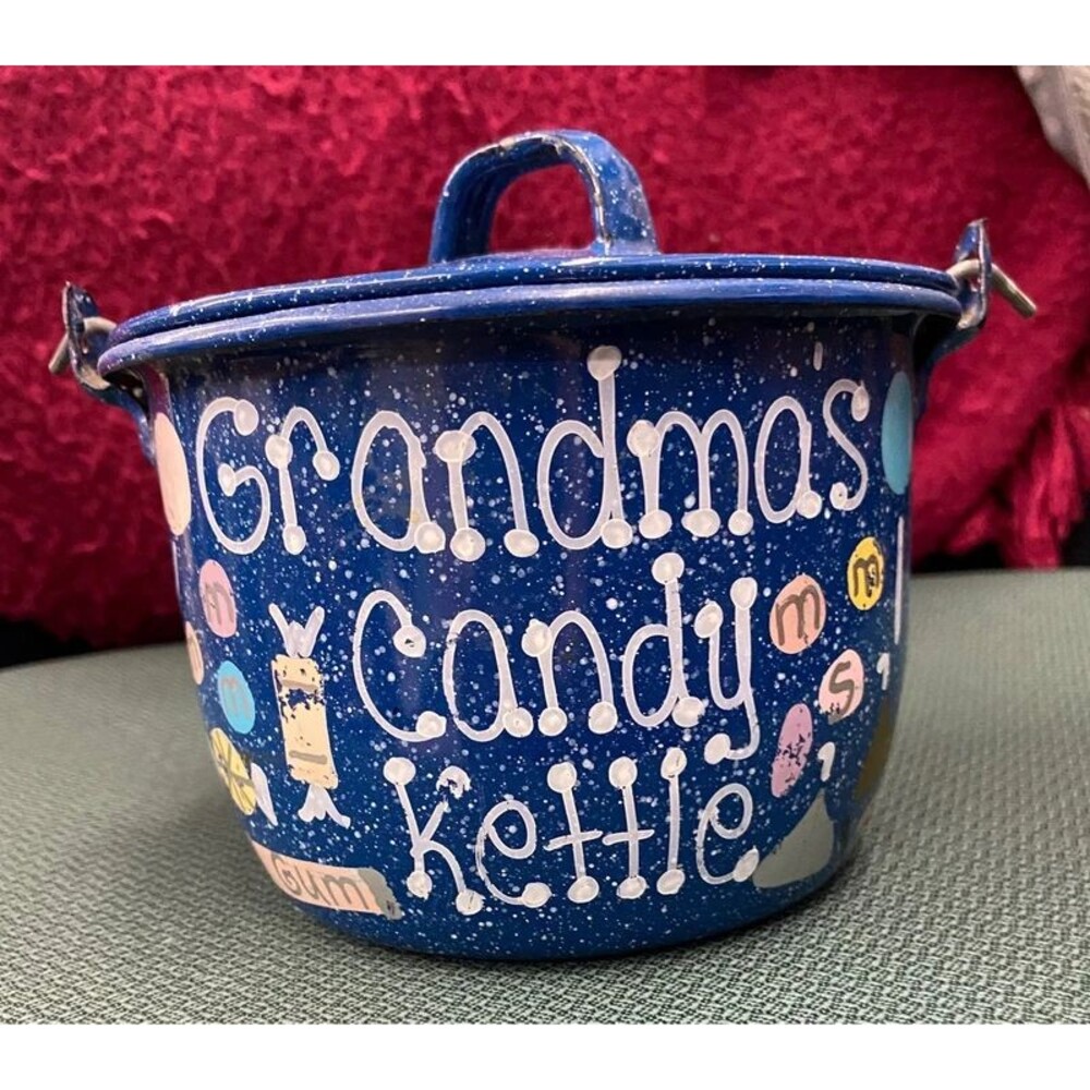 Vtg Grandmas Candy Kettle blue enamelware mini pot